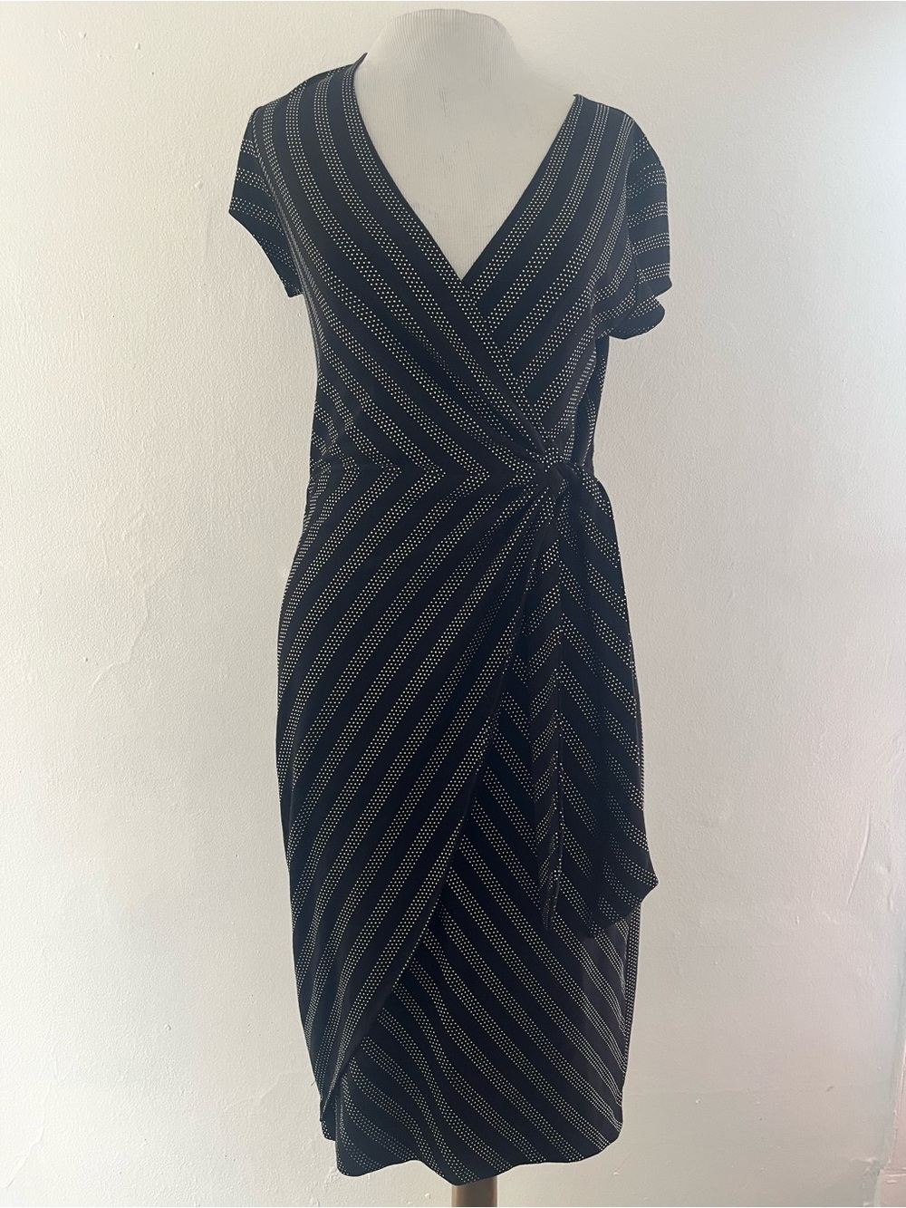Cache Black and White Dot-Stripe Wrap Midi Dress